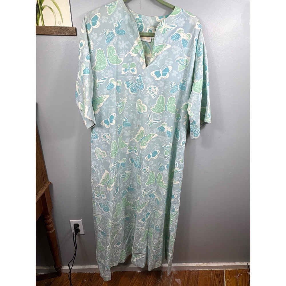 Vintage Key West Fashions Butterfly Caftan Maxi Dress Blue Green L XL